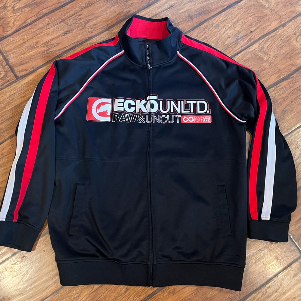 Ecko Unlimited Y2K Track Jacket mens XL Black Red full zip sweatshirt comfort